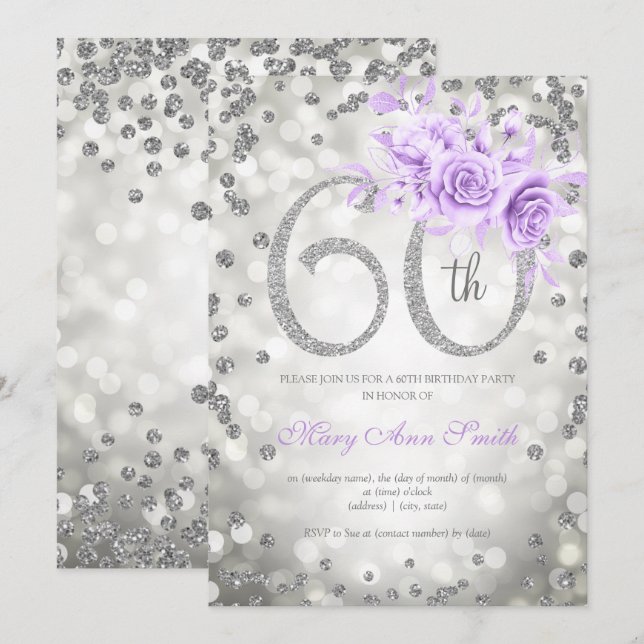 Silver Floral 60th Birthday Glam Lights Purple  Invitation (Front/Back)