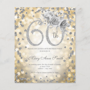 Silver Floral 60th Birthday Gold Lights Invitation Flyer