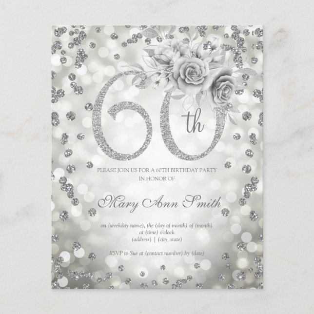 Silver Floral 60th Birthday Lights Invitation Flyer (Front)