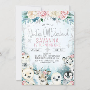 Silver Floral Animals Winter Onederland Birthday Invitation