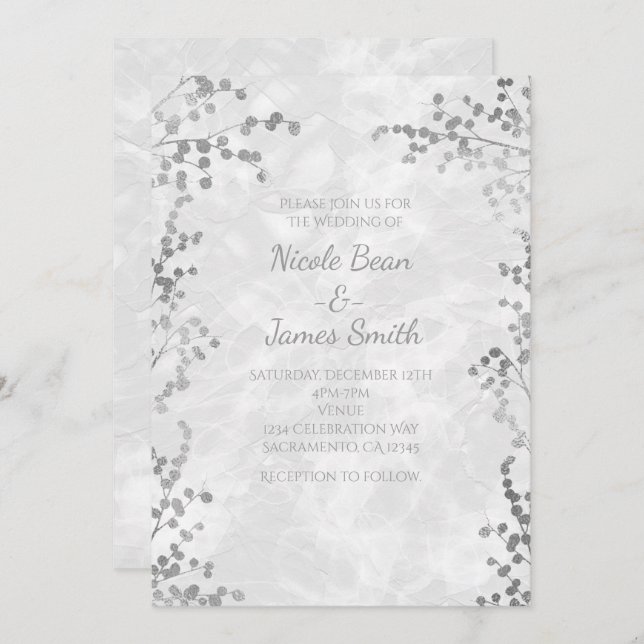 Silver Floral Berries Elegant Wedding Invitations (Front/Back)