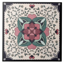 Silver Floral Bloom Retro Mandala Ceramic Tile