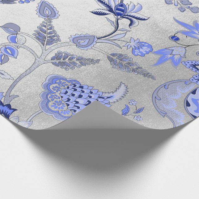 Silver Floral Blue Grey Sapphire Cobalt Ornamental Wrapping Paper (Corner)