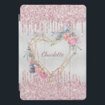 Silver floral blush pink glitter monogram name iPad pro cover<br><div class="desc">A faux silver metallic looking background. Blush pink faux glitter drips,  paint dripping look as decoration. A golden heart decorated with pink flowers.  Personalize and add a name. The name is written with a modern hand lettered script.  Perfect for school homework,  back to school.</div>