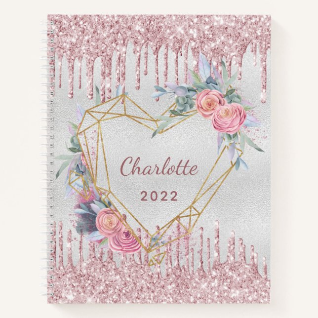 Silver floral blush pink glitter name diary  notebook (Front)