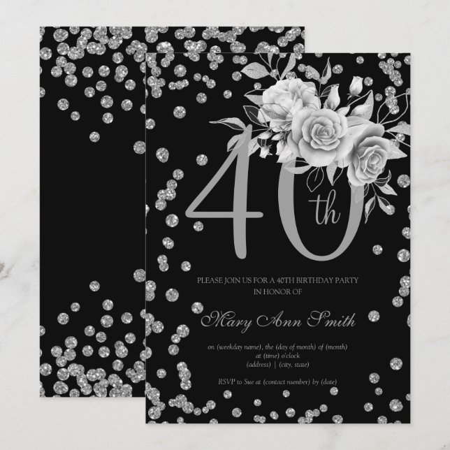 Silver Floral & Confetti 40th Birthday Black  Invitation (Front/Back)