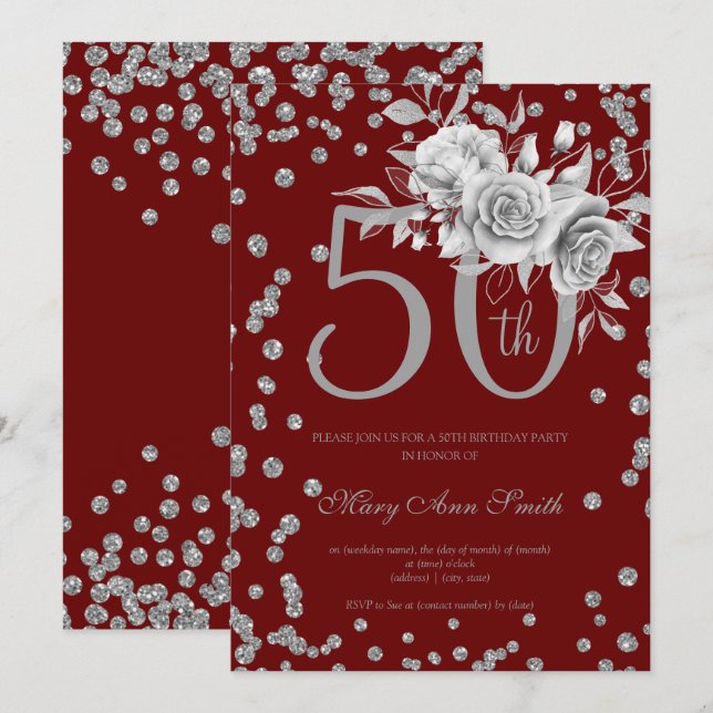 Silver Floral & Confetti 50th Birthday Burgundy  Invitation (Front/Back)