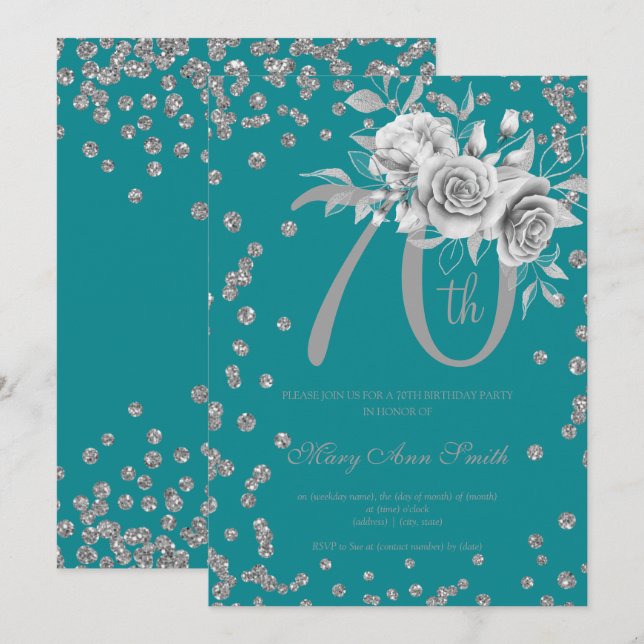 Silver Floral & Confetti 70th Birthday Party Teal  Invitation (Front/Back)
