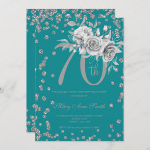 Silver Floral & Confetti 70th Birthday Party Teal  Invitation