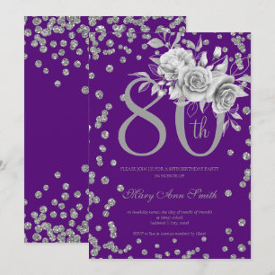 Silver Floral & Confetti 80 Birthday Party Purple Invitation