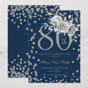 Silver Floral & Confetti 80th Birthday Navy  Invitation
