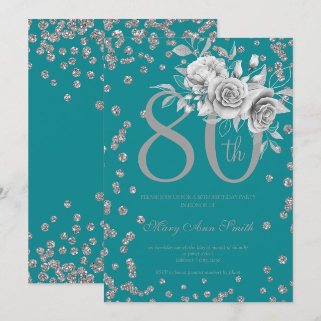 Silver Floral & Confetti 80th Birthday Teal  Invitation (Front/Back)