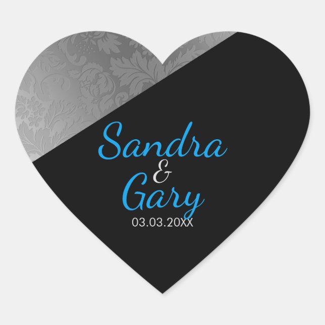 Silver Floral Damask Texture- Save The Date Heart Sticker (Front)