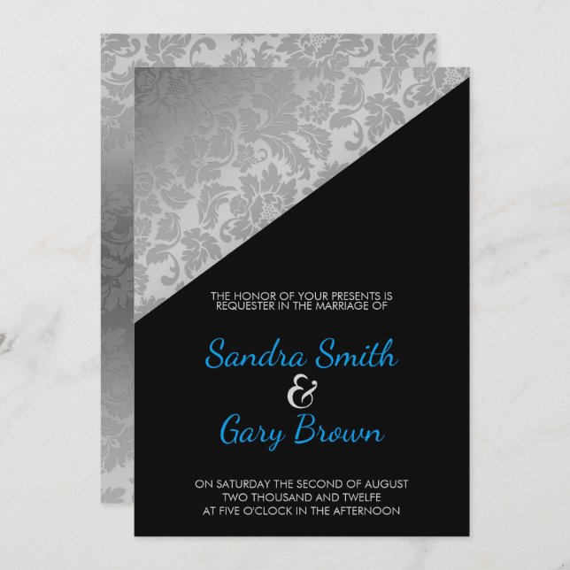 Silver Floral Damask Texture Wedding Invitation (Front/Back)