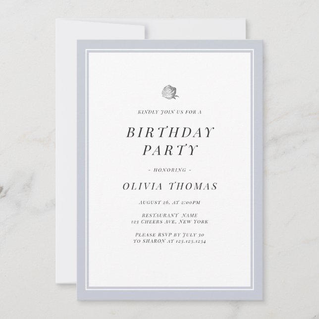 Silver floral dusty blue minimalist Birthday Party Invitation (Front)