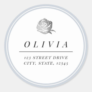 Silver floral dusty blue minimalist return address classic round sticker