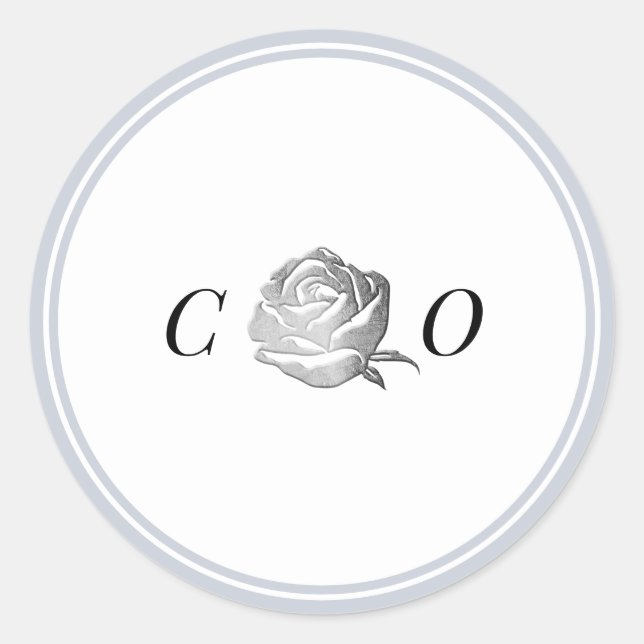 Silver floral dusty blue monogram minimalist classic round sticker (Front)