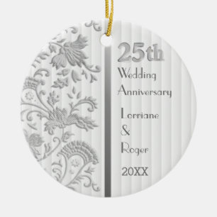 Silver Floral Elegance25th Wedding Anniversary Ceramic Ornament