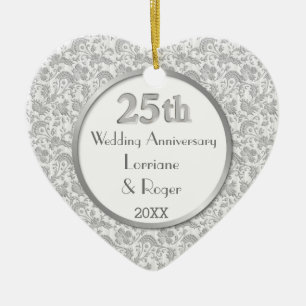 Silver Floral Elegance 25th Wedding Anniversary Ceramic Ornament