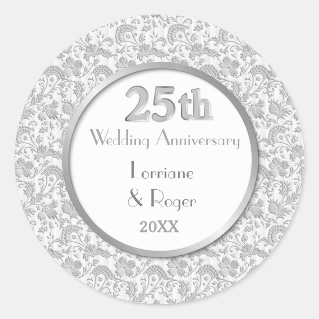 Silver Floral Elegance 25th Wedding Anniversary Classic Round Sticker (Front)