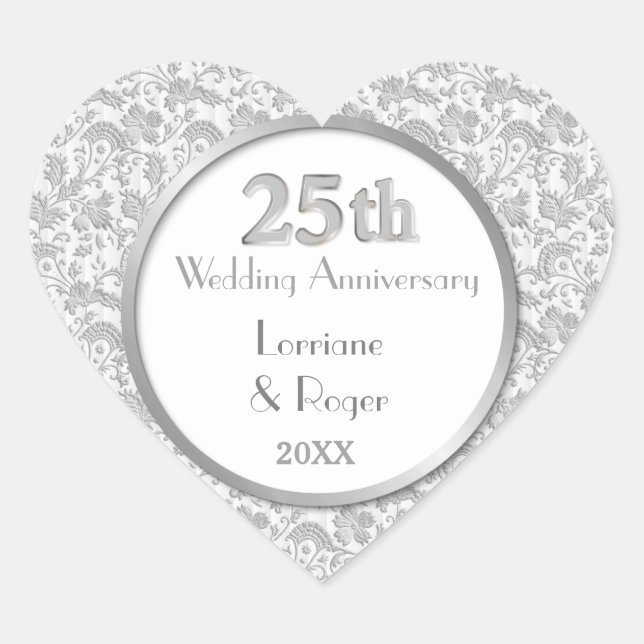 Silver Floral Elegance 25th Wedding Anniversary Heart Sticker (Front)