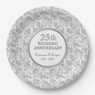 Silver Floral Elegance 25th Wedding Anniversary Paper Plate
