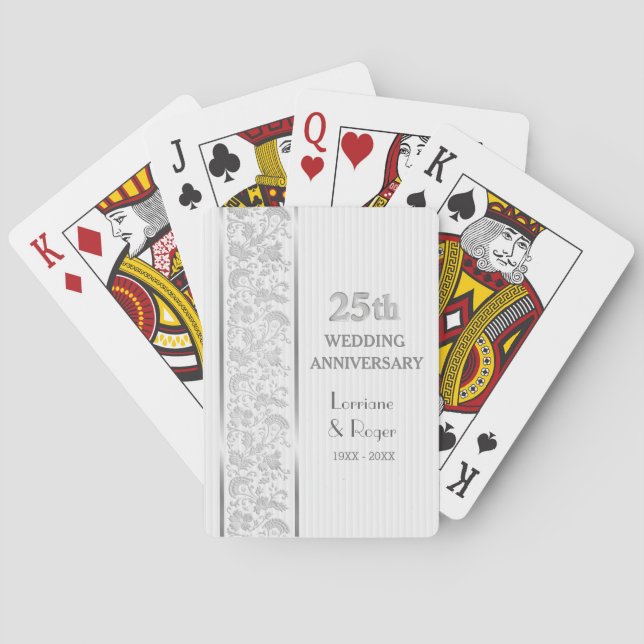 Silver Floral Elegance 25th Wedding Anniversary Playing Cards (Back)