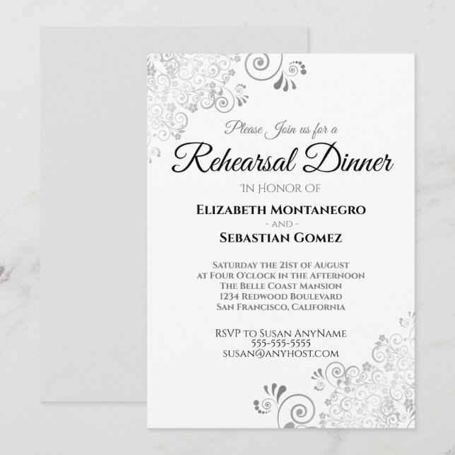 Silver Floral Filigree Wedding Rehearsal Dinner Invitation (Front/Back)