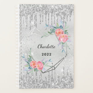Silver floral glitter blush pink name geo 2025 planner