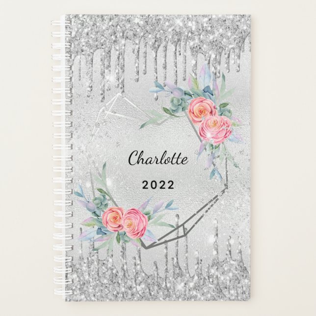 Silver floral glitter blush pink name geo 2025 planner (Front)