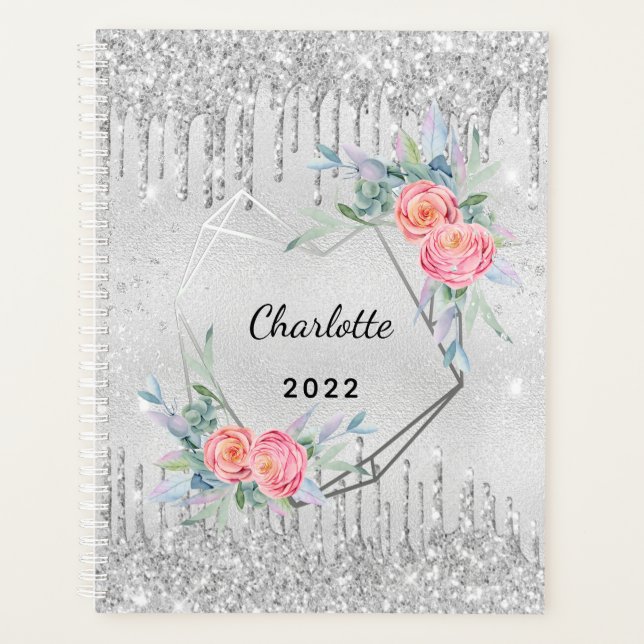 Silver floral glitter blush pink name planner (Front)