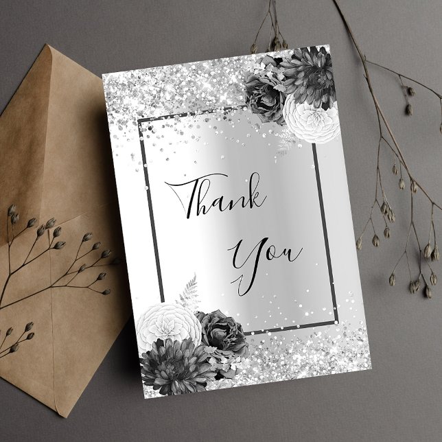 Silver floral glitter elegant glamourous thank you card (Creator Uploaded)