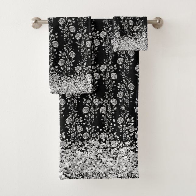 Silver Floral Glittery Glam Bath Towel Set (Insitu)