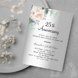 Silver floral greenery 25th wedding anniversary invitation<br><div class="desc">A faux silver looking background. Decorated with a white floral,  peony flower and green watercolored eucalyptus greenery. Personalize and add your names and the details</div>