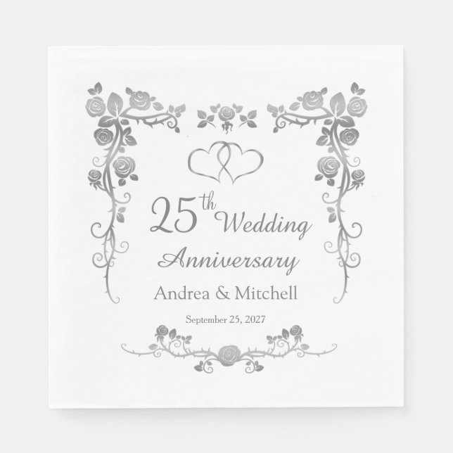 Silver Floral Hearts 25th Wedding Anniversary Napkin (Front)