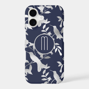 Silver Floral Hummingbird Pattern on Blue Monogram