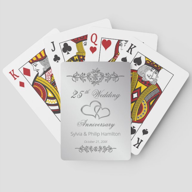 Silver Floral Joined Hearts 25 Wedding Anniversary Playing Cards (Back)