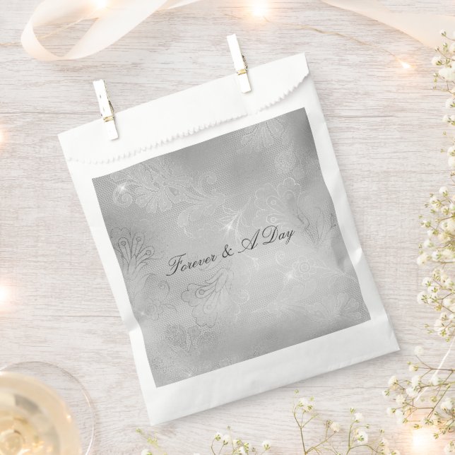 Silver Floral Lace Wedding Favour Bag (Clipped)