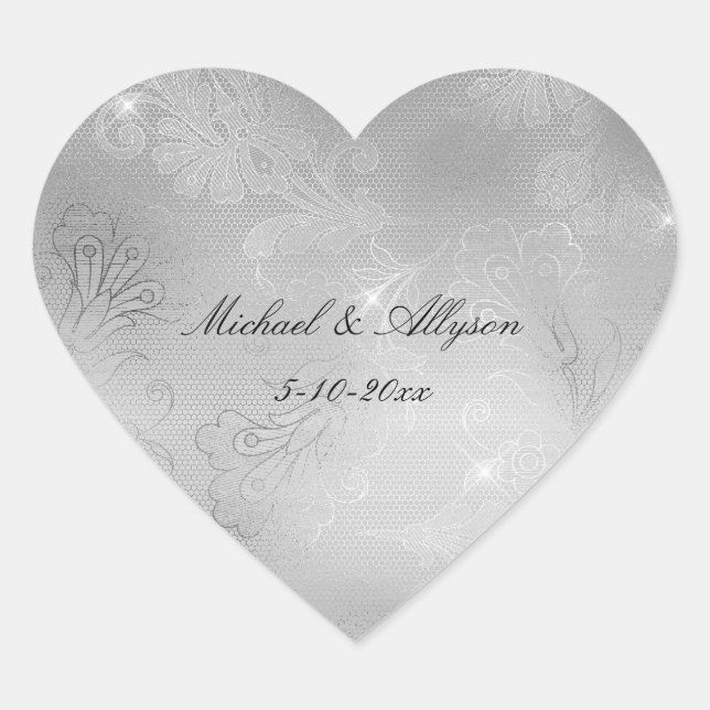 Silver Floral Lace Wedding Heart Sticker (Front)