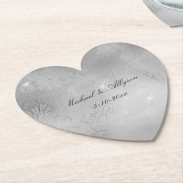 Silver Floral Lace Wedding Paper Coaster (Angled)