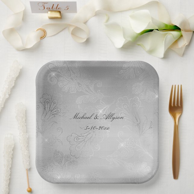 Silver Floral Lace Wedding Paper Plate (Wedding)