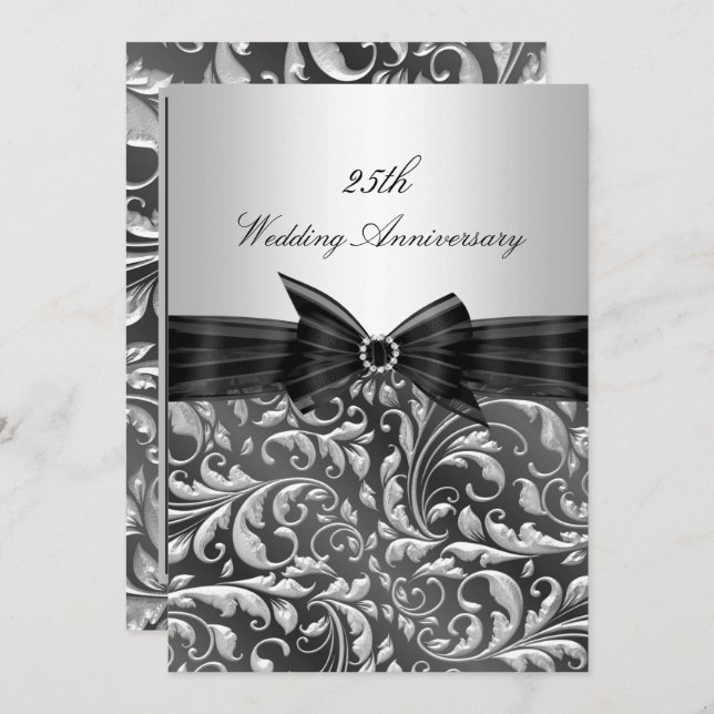 Silver Floral Leaf 25th Wedding Anniversary Invite (Front/Back)
