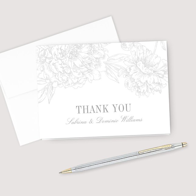 Silver Floral Peony Wedding Monogram Thank You Card (Creator Uploaded)
