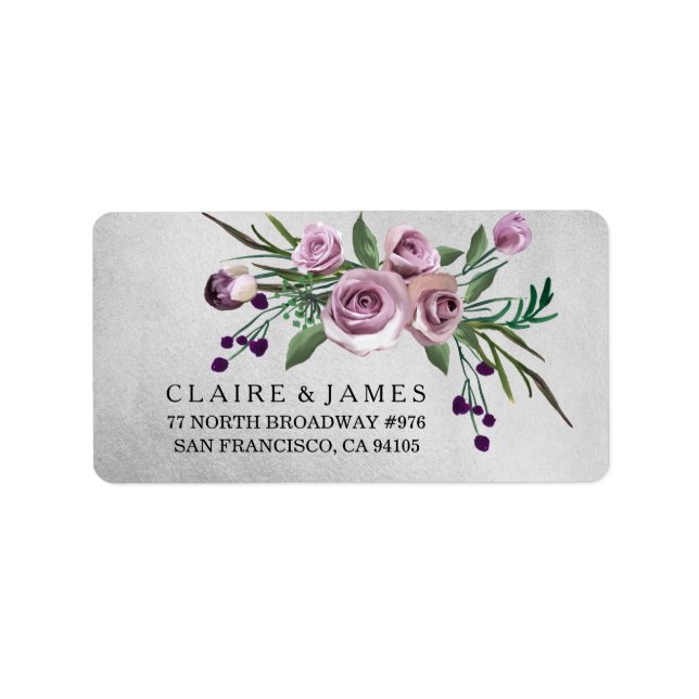 Silver Floral Purple Rose Wedding Address Label (Front)