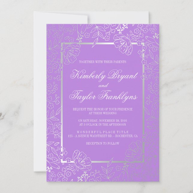 Silver Floral Purple Vintage Wedding Invitation (Front)