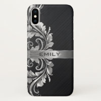 Silver Floral Swirl Black Background