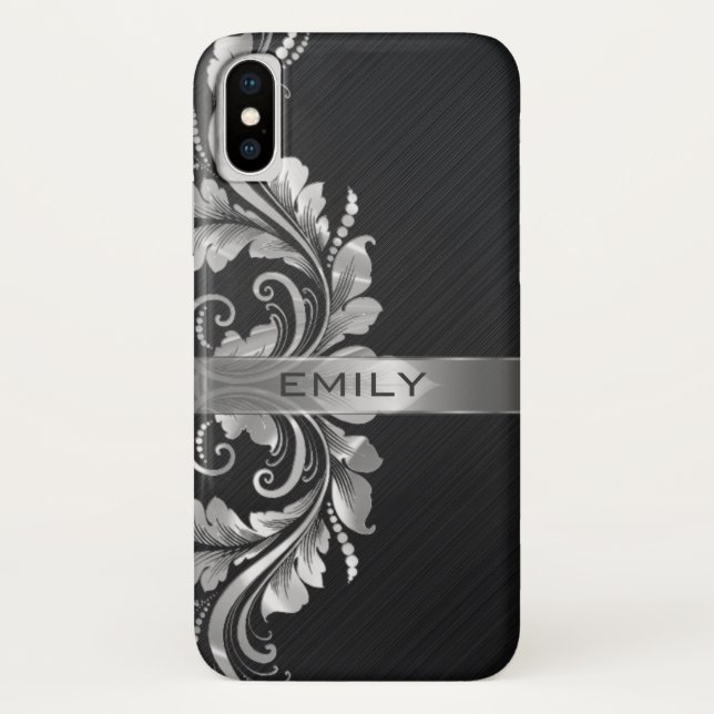 Silver Floral Swirl Black Background Case-Mate iPhone Case (Back)