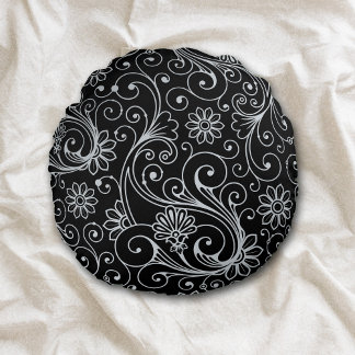 Silver Floral Swirl on Black Round Pillow