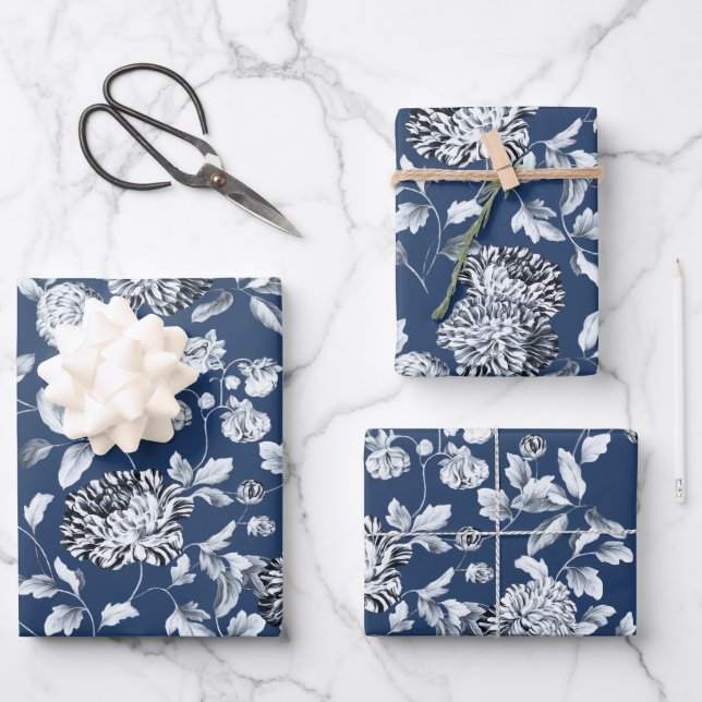 Silver Floral Vine On Navy Blue Wedding Wrapping Paper Sheet (Front)