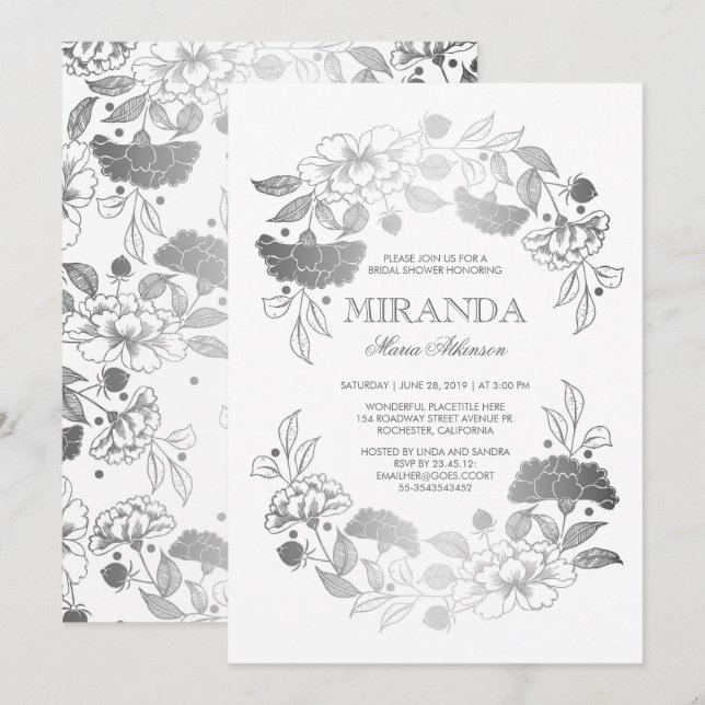 Silver Floral Wreath Elegant White Bridal Shower Invitation (Front/Back)
